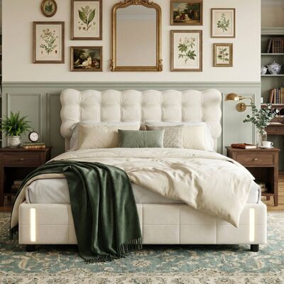 Canora Grey EU Double & King Size Velvet Ottoman Bed With Motion Sensor LED Lights, Upholstered Cloud Tufted Frame, Beige Beige European Double (140 x 200 cm) Canora Grey EU Double & King Size Velvet Ottoman Bed With Motion Sensor LED Lights, Upholstered Cloud Tufted Frame, Beige Beige European Double (140 x 200 cm)