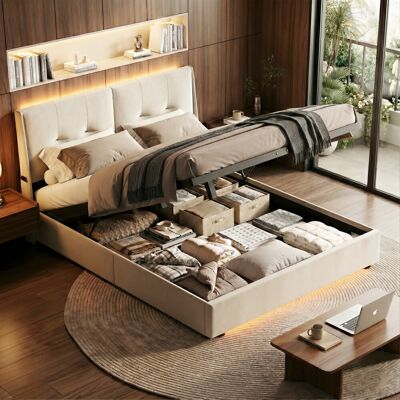 Ivy Bronx EU Double & King Beige Velvet Upholstered Ottoman Bed, Dual LED Hydraulic Bed Frame With Side Pockets (140/160 X 200cm) Beige European Double (140 x 200 cm) Ivy Bronx EU Double & King Beige Velvet Upholstered Ottoman Bed, Dual LED Hydraulic Bed Frame With Side Pockets (140/160 X 200cm) Beige European Double (140 x 200 cm)