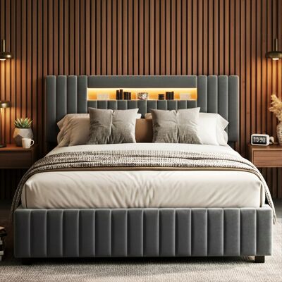 Ivy Bronx Velvet Ottoman Bed, Smart RGB LED Headboard With Vertical Tufting, European Double (140X200cm) & King (160X200cm) , Grey Grey European Kingsize (160 x 200 cm) Ivy Bronx Velvet Ottoman Bed, Smart RGB LED Headboard With Vertical Tufting, European Double (140X200cm) & King (160X200cm) , Grey Grey European Kingsize (160 x 200 cm)