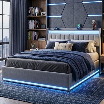Ivy Bronx Modern Velvet Upholstered Ottoman Bed With Surround LED Lights & Storage Headboard, European Double & King Size Frame With USB-C Port, Grey & Beige Grey European Double (140 x 200cm) Ivy Bronx Modern Velvet Upholstered Ottoman Bed With Surround LED Lights & Storage Headboard, European Double & King Size Frame With USB-C Port, Grey & Beige Grey European Double (140 x 200cm)