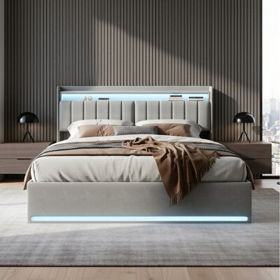 Ivy Bronx Modern Velvet Upholstered Ottoman Bed With Surround LED Lights & Storage Headboard, European Double & King Size Frame With USB-C Port, Grey & Beige Grey European Kingsize (160 x 200 cm) Ivy Bronx Modern Velvet Upholstered Ottoman Bed With Surround LED Lights & Storage Headboard, European Double & King Size Frame With USB-C Port, Grey & Beige Grey European Kingsize (160 x 200 cm)