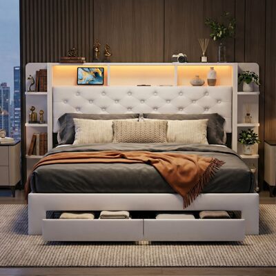 Canora Grey Smart LED White Velvet Upholstered Storage Bed With Bookcase Headboard & Charging Station (USB/Type-C), 140X200cm European Double / 160X200cm King, 2 White European Kingsize (160 x 200 cm) Canora Grey Smart LED White Velvet Upholstered Storage Bed With Bookcase Headboard & Charging Station (USB/Type-C), 140X200cm European Double / 160X200cm King, 2 White European Kingsize (160 x 200 cm)