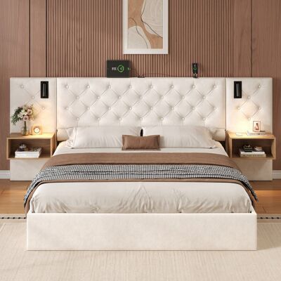Mercer41 Velvet Ottoman Storage Bed With Charging Station - Wide Button-Tufted Headboard & Hydraulic Base Beige 108cm H X 237cm W X 207cm L Mercer41 Velvet Ottoman Storage Bed With Charging Station - Wide Button-Tufted Headboard & Hydraulic Base Beige 108cm H X 237cm W X 207cm L