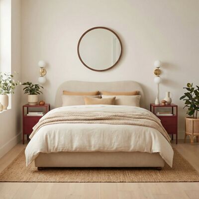 Ebern Designs Mabelle Upholstered Ottoman Bed Frame - Bold Curved Headboard Design Cream Fabric King Ebern Designs Mabelle Upholstered Ottoman Bed Frame - Bold Curved Headboard Design Cream Fabric King