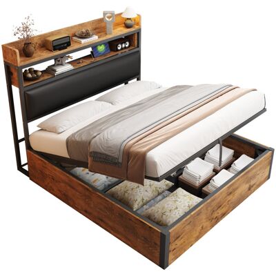 Rio Wood Bed Frame With Lift-up Storage And Usb Port Brown European Double (140 x 200 cm) Rio Wood Bed Frame With Lift-up Storage And Usb Port Brown European Double (140 x 200 cm)