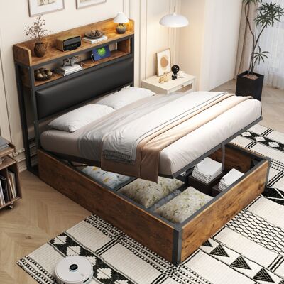 Rio Wood Bed Frame With Lift-up Storage And Usb Port Brown European Single (90 x 200 cm) Rio Wood Bed Frame With Lift-up Storage And Usb Port Brown European Single (90 x 200 cm)