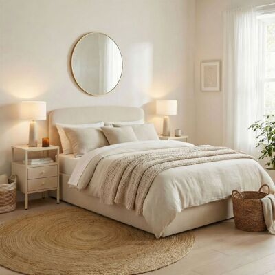 Ebern Designs Aemilia Upholstered Ottoman Bed Frame - Contemporay Elegant Headboard Design Cream Fabric King Ebern Designs Aemilia Upholstered Ottoman Bed Frame - Contemporay Elegant Headboard Design Cream Fabric King