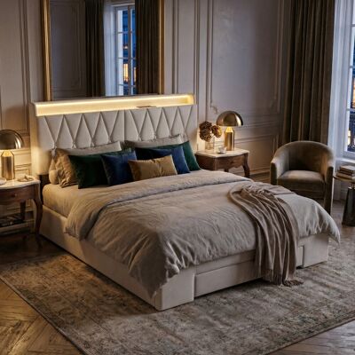 Canora Grey Beige Velvet Storage Bed With 3 Drawers, LED Storage Headboard & USB-C Charging, European Double (140X200cm) & King (160X200cm) Beige European Kingsize (160 x 200 cm) Canora Grey Beige Velvet Storage Bed With 3 Drawers, LED Storage Headboard & USB-C Charging, European Double (140X200cm) & King (160X200cm) Beige European Kingsize (160 x 200 cm)
