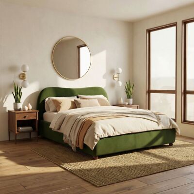 Ebern Designs Mabelle Upholstered Ottoman Bed Frame - Bold Curved Headboard Design Green Velvet King Ebern Designs Mabelle Upholstered Ottoman Bed Frame - Bold Curved Headboard Design Green Velvet King