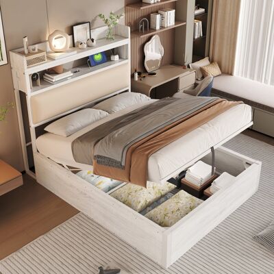 Rio Wood Bed Frame With Lift-up Storage And Usb Port White European Single (90 x 200 cm) Rio Wood Bed Frame With Lift-up Storage And Usb Port White European Single (90 x 200 cm)