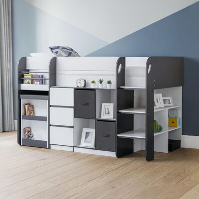Isabelle & Max Fia Single (3') 3 Drawer Bed Frames Loft Bed; Standard Bed with Bookcase Charcoal/White Isabelle & Max Fia Single (3') 3 Drawer Bed Frames Loft Bed; Standard Bed with Bookcase Charcoal/White