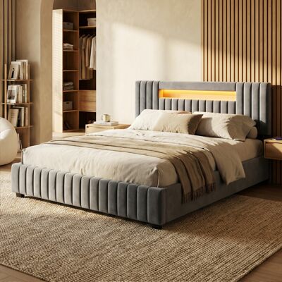 Ivy Bronx Velvet Ottoman Bed, Smart RGB LED Headboard With Vertical Tufting, European Double (140X200cm) & King (160X200cm) , Grey Grey European Double (140 x 200 cm) Ivy Bronx Velvet Ottoman Bed, Smart RGB LED Headboard With Vertical Tufting, European Double (140X200cm) & King (160X200cm) , Grey Grey European Double (140 x 200 cm)
