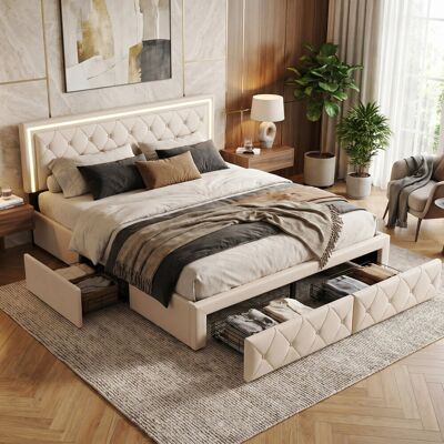 Ivy Bronx EU Double & King PU Storage Bed With 4 Drawers & LED Headboard, Faux Leather Upholstered Frame, Beige & Grey Beige European Kingsize (160 x 200cm) Ivy Bronx EU Double & King PU Storage Bed With 4 Drawers & LED Headboard, Faux Leather Upholstered Frame, Beige & Grey Beige European Kingsize (160 x 200cm)