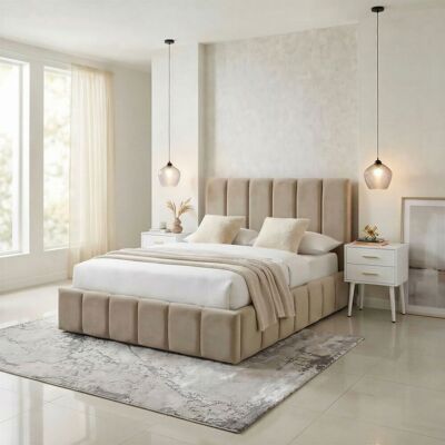 Ebern Designs Rudasill Upholstered Ottoman Storage Bed Frame - Vertically Stitched Contemporary Headboard Taupe Velvet King Ebern Designs Rudasill Upholstered Ottoman Storage Bed Frame - Vertically Stitched Contemporary Headboard Taupe Velvet King