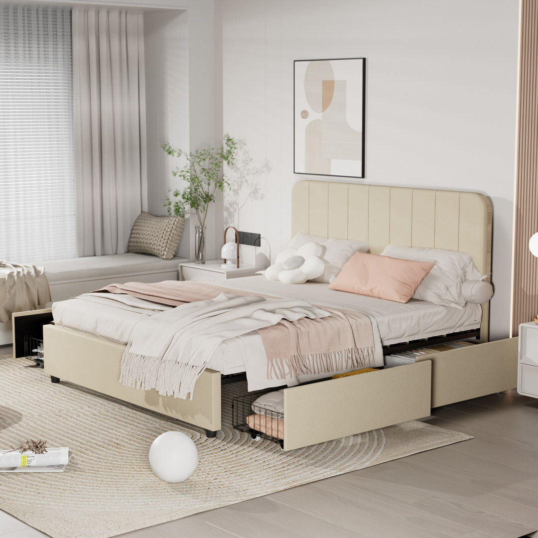 Latitude Run Double Size Upholstered Beds, Modern Platform Bed Frame With Adjustable Headboard And 4 Storage Drawers, Wooden Slats Support, No Box Spring Needed Beige 110cm H X 148cm W X 200cm L