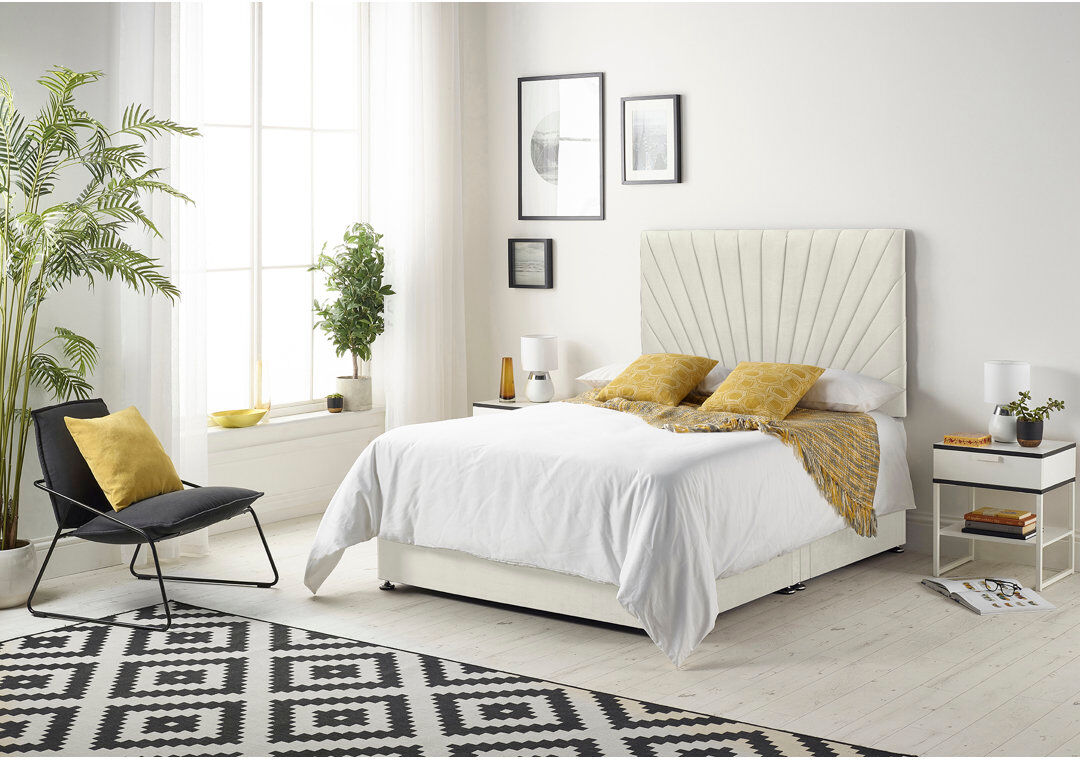 Fairmont Park Schwerin Plush Velvet Divan Bed Set with Open coil Memory Foam Mattress No Headboard Ivory Super King (6')