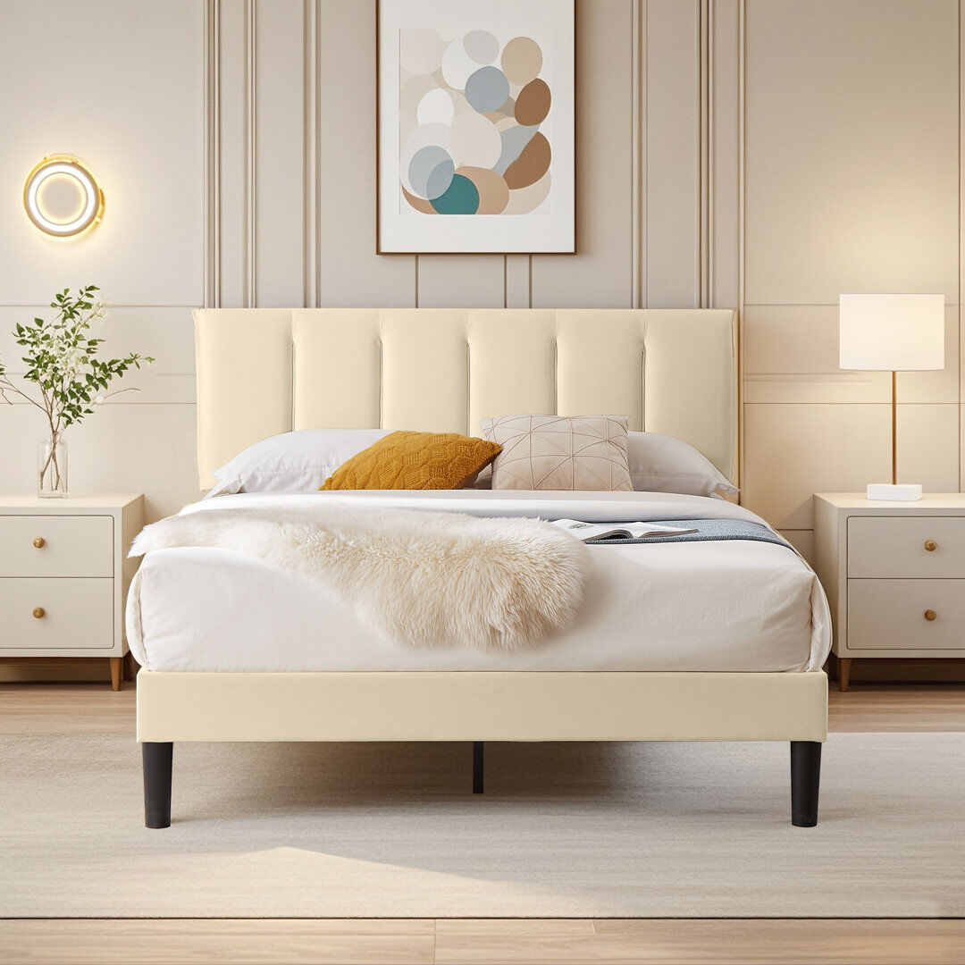 Latitude Run Double Size Platform Bed Frame With Adjustable Upholstered Headboard, Wooden Slats Support, No Box Spring Needed, Easy Assembly Beige 120cm H X 147cm W X 195cm L