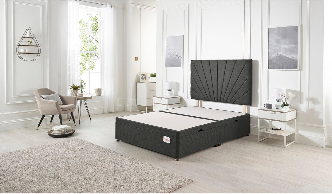 Marlow Home Co. Etheral Side Opening Ottoman Storage Bed with Upholstered Headboard Tweed Fabric Charcoal Small Double (4')