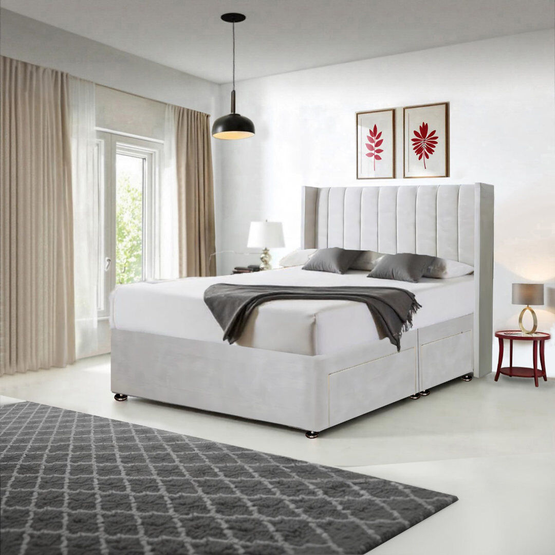 Bedsland Cream Plush Milan Bed & Mattress Sets - Divan Bed Base with Wingback Headboard & 2 Storage Drawers - Bedroom Furniture Super King (6')