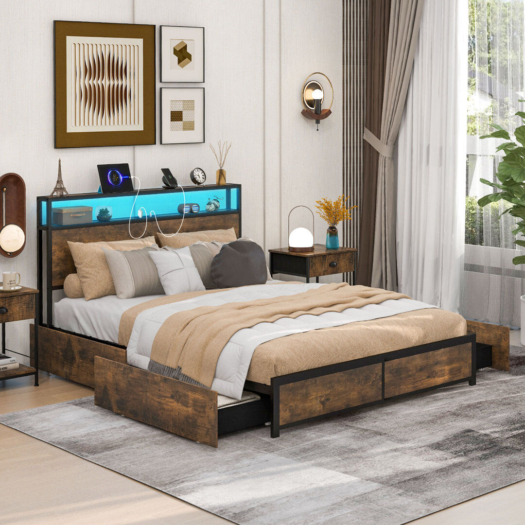 Borough Wharf King Bed Metal Frame W/ LED & Drawers Charging Station No Box Spring Needed Black;Brown 102cm H X 157cm W X 220cm L