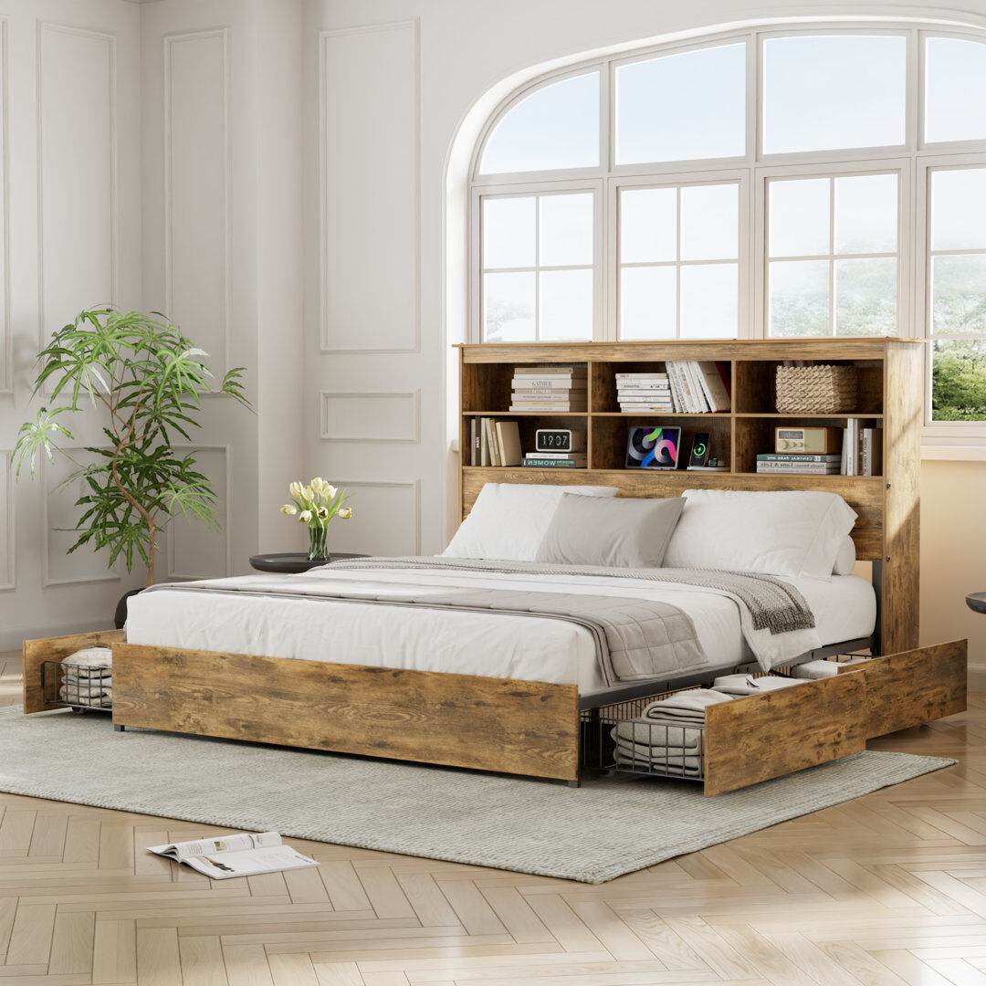 Borough Wharf Bed Frame With Tall Storage Bookcase Headboard, 4 Large Storage Drawers And Charging Station, Metal Slats Support Brown 128cm H X 144cm W X 215cm L