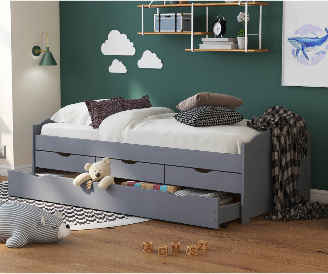 Harriet Bee Ulli cot bed with trundle and 3 drawers - including slatted frame Grey 90 x 200 cm