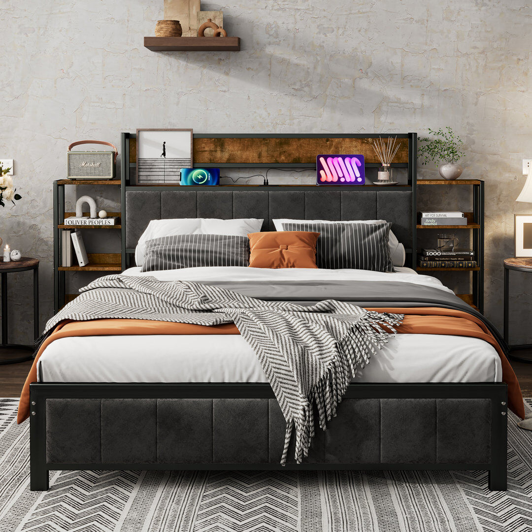 Borough Wharf Modern Metal Platform Bed Frame With Storage Headboard & Charging Station Black 115cm H X 218cm W X 204cm L