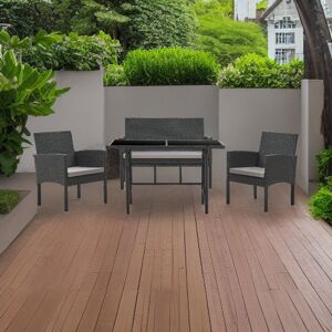 Lark Manor Spofford Garden Rattan Furniture Set 4 Piece Dining Outdoor Glass Top Table with Cushions Black 4