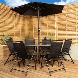Samuel Alexander Outdoor 6 Seater Glass Top Table and Chairs Patio Set with Parasol Black 6