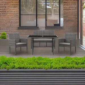 Lark Manor Spofford Garden Rattan Furniture Set 4 Piece Dining Outdoor Glass Top Table with Cushions Grey 4