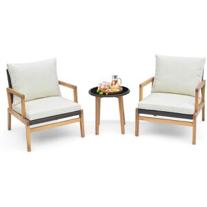 Fjørde & Co 3 Piece Patio Conversation Set Wicker Chair & Side Table Set W/ Soft Cushions Brown;Natural Wood 2 Fjørde & Co 3 Piece Patio Conversation Set Wicker Chair & Side Table Set W/ Soft Cushions Brown;Natural Wood 2