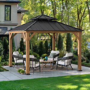 Sunjoy Outdoor Cedar Wooden Gazebo - 3.3M x 3.3M, Anthracite with 2-Tier Steel Roof - Outdoor Garden Pavilion for All Seasons Grey 333cm W X 333cm D X 305cm H Sunjoy Outdoor Cedar Wooden Gazebo - 3.3M x 3.3M, Anthracite with 2-Tier Steel Roof - Outdoor Garden Pavilion for All Seasons Grey 333cm W X 333cm D X 305cm H