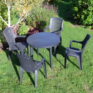 Ebern Designs Revello Round Table with 4 Chairs Garden Set gray 89.0 W x 89.0 D cm