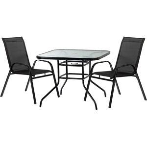 Harbour Housewares - 2 Person Garden Furniture Set - Glass Top Outdoor Patio Coffee Bistro Table and Chairs - 90 x 90cm - Black black 70.0 H x 90.0 W x 90.0 D cm