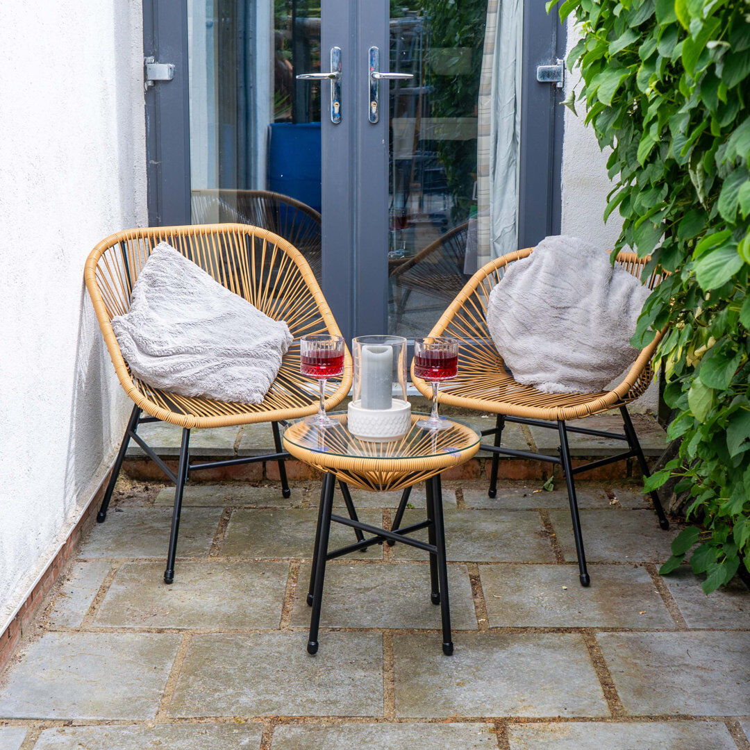 17 Stories Capri Rattan 2 Seater Wicker Table and Chairs Bistro Set Brown 2