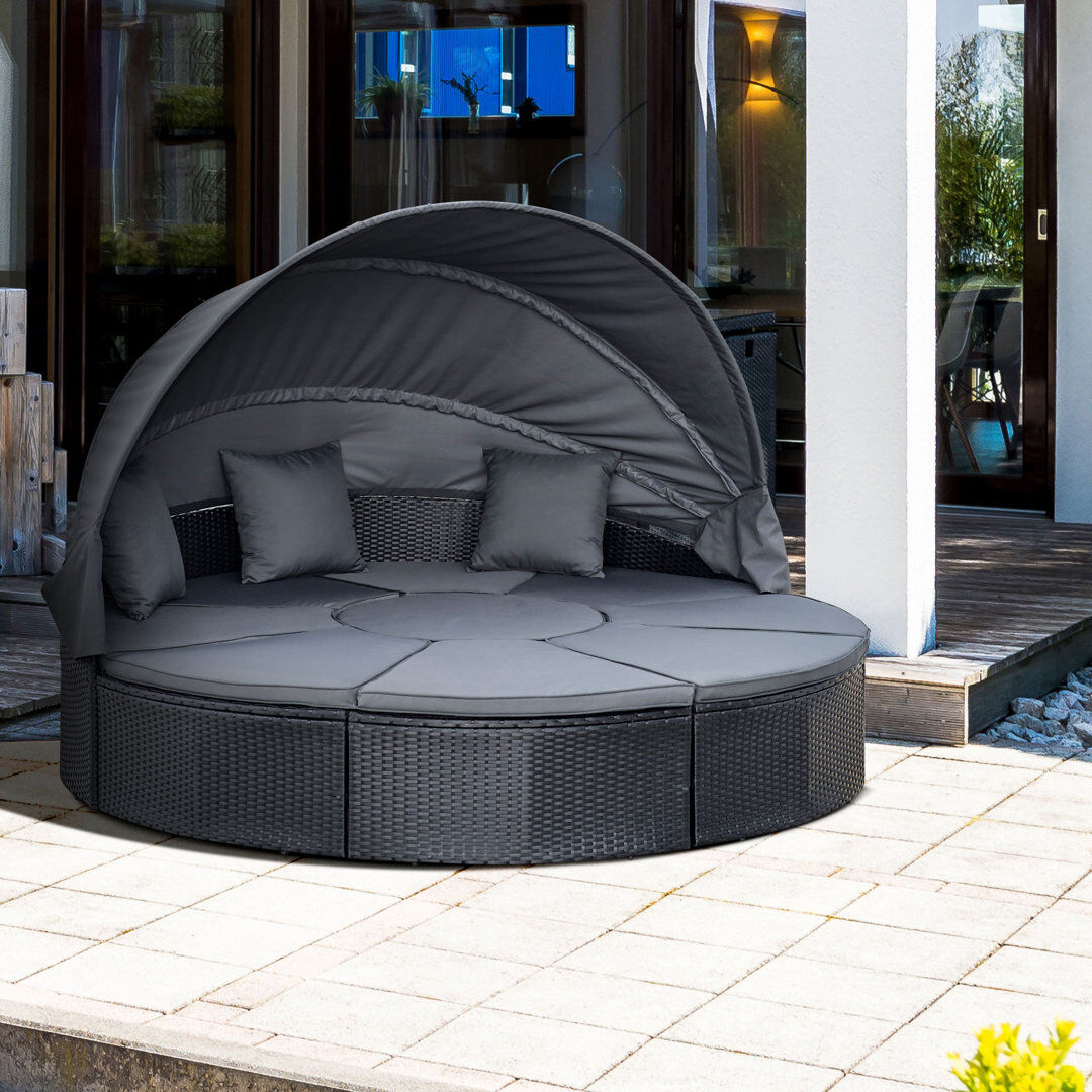 August Grove Lampkin 210Cm Wide Outdoor Wicker Garden Daybed with Cushions Grey 150cm H X 210cm W X 210cm D
