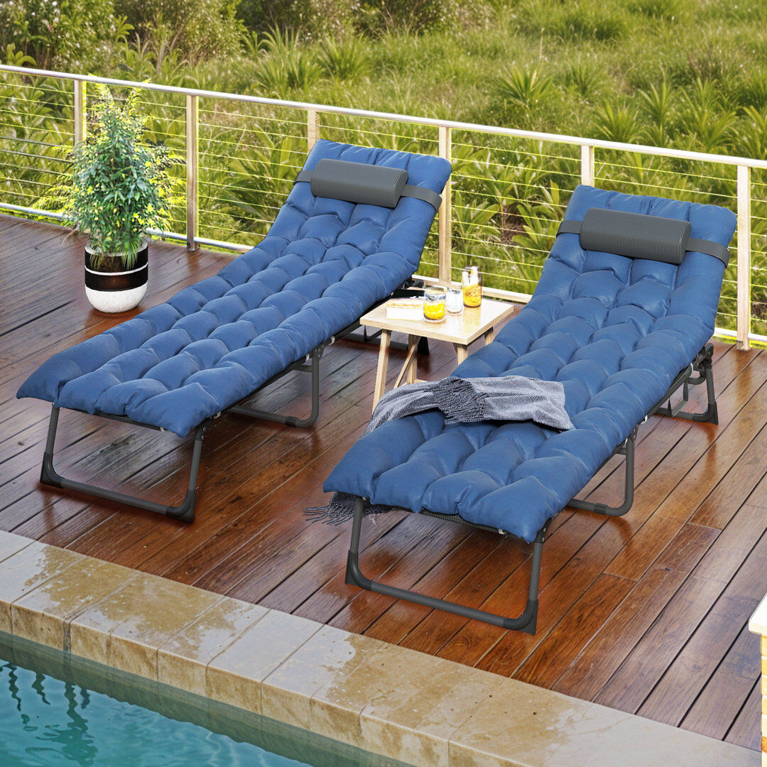 Balconera Outdoor Lounge Chair Set Of 2, Foldable Chaise Lounge With Cushions 5 Adjustable Positions And Side Pockets Blue/Black 31cm H X 190cm W X 68cm D