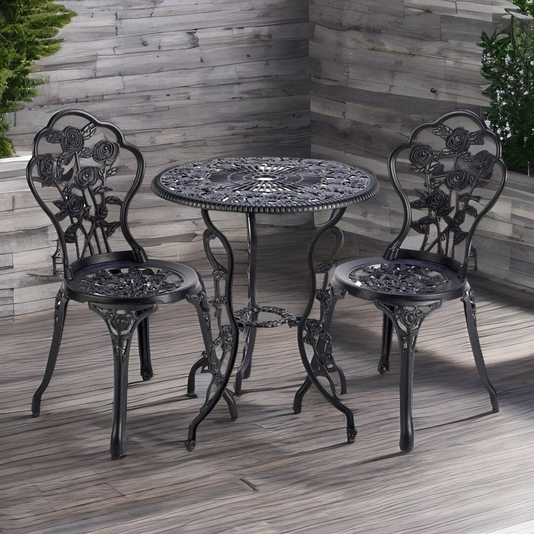 Brambly Cottage Broumov Metal 3-Piece Bistro Set With 2 Chairs & Table Outdoor Garden Furniture Black 2