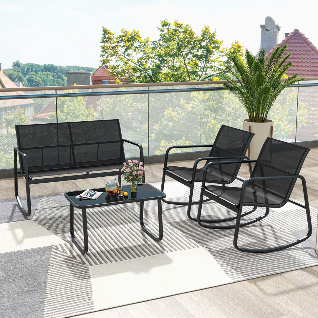 17 Stories 4 Piece Patio Rocking Set Outdoor Rocker Chair Conversation Set Black 4
