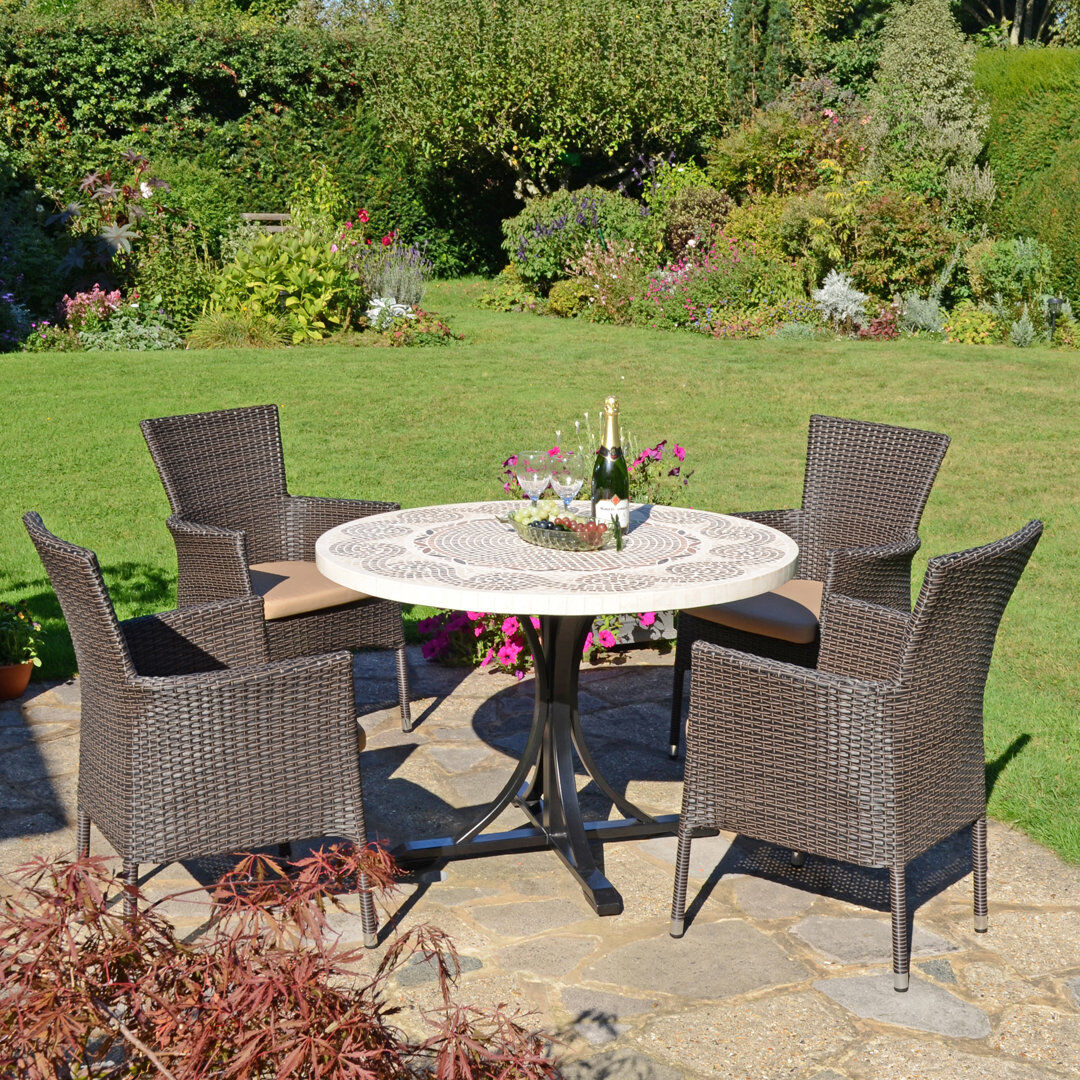 Rosalind Wheeler Avignon Mosaic Dining Table with 4 STOCKHOLM Chairs Garden Set Beige;Gold;Dark Brown 4
