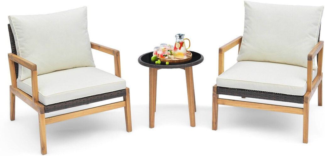 Fjørde & Co 3 Piece Patio Conversation Set Wicker Chair & Side Table Set W/ Soft Cushions Brown;Natural Wood 2