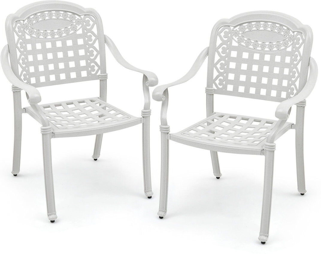 Lily Manor Set Of 2 Cast Aluminum Outdoor Patio Chairs Stackable Dining Chairs W/Armrests White 90cm H X 66cm W X 62cm D
