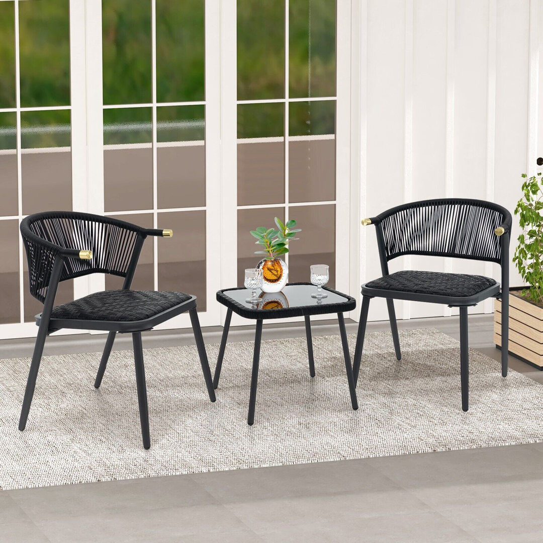 George Oliver 3 Piece Outdoor Wicker Furniture Set Rattan Chairs Set Of 2 W/ Table Black 2