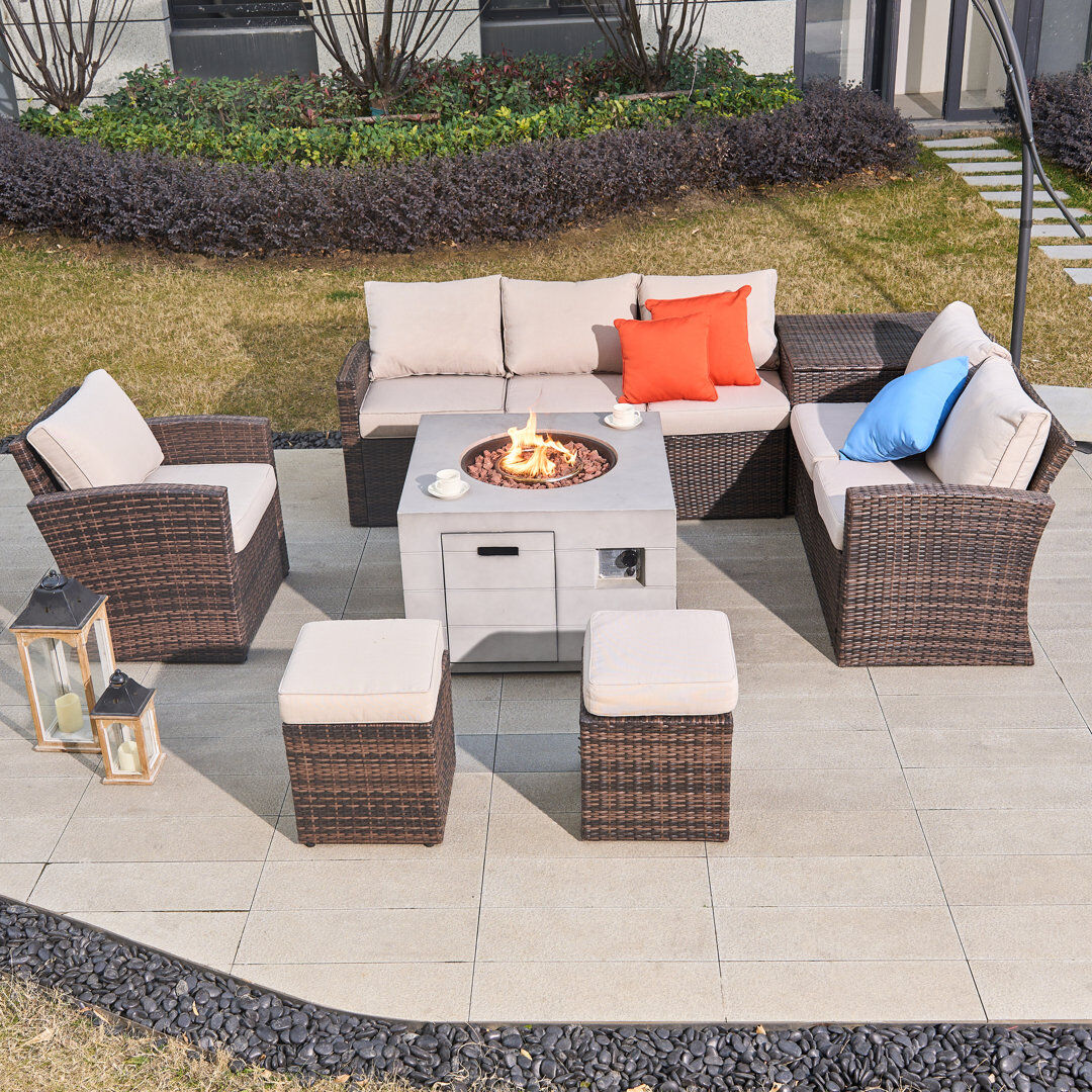 Ebern Designs 7-Piece Rattan Patio Sectional Sofa Set With Fire Pit Table Black 8