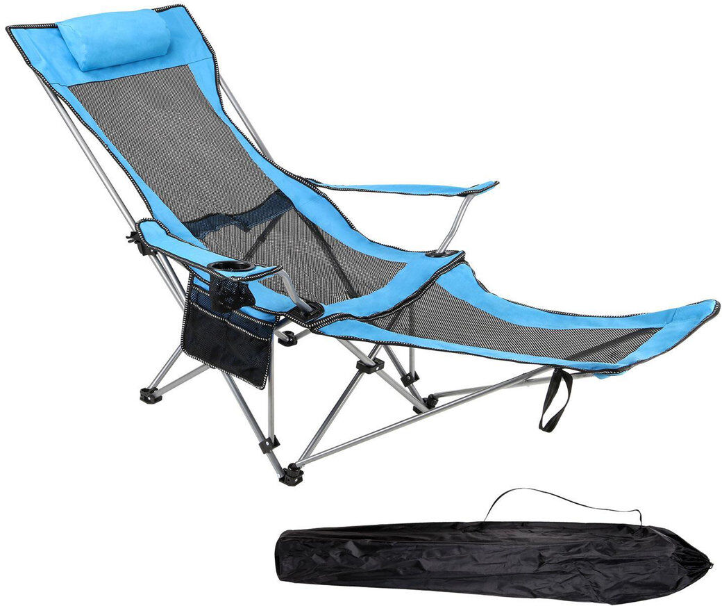 Dakota Fields Adjustable Folding Recliner Camping Chair – Lightweight Portable Chair With Detachable Footrest, Headrest, Cupholder, And Pocket For Outdoor, Beach, A Blue
