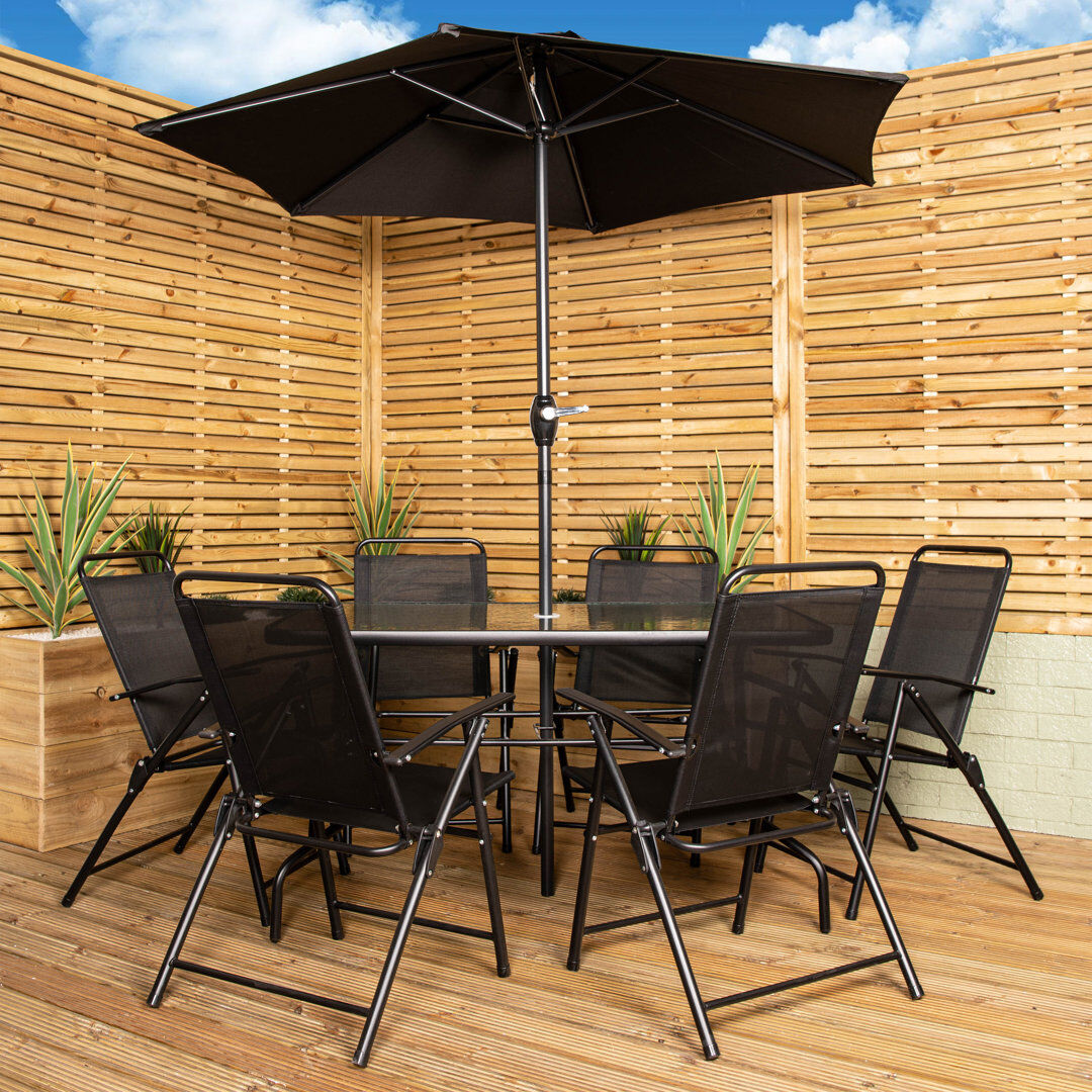 Samuel Alexander Outdoor 6 Seater Glass Top Table and Chairs Patio Set with Parasol Black 6