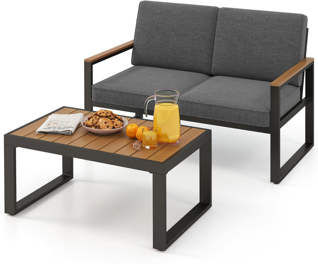 17 Stories 2 Piece Patio Aluminum Furniture Set Outdoor Conversation Set-Gray Black;Brown 2