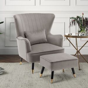 Fairmont Park 77Cm Wide Plush Velvet Modern Wingback Chair and Ottoman Light Grey 94cm H X 77cm W X 78cm D