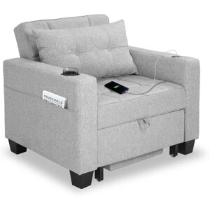 PIZZELLO Latitude Run 93 cm Linen Single Pull-out Sofa Bed 3 in 1 Convertible Chair Light Grey 87.6cm H X 99cm W X 185.4cm D