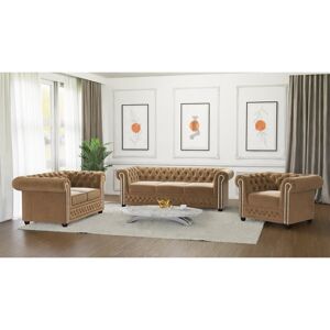 Rosdorf Park Chesterfield Hanna 3 Seater Sofa Made of Velvet Fabric with Solid Wood Legs Beige 72cm H X 203cm W X 86cm D